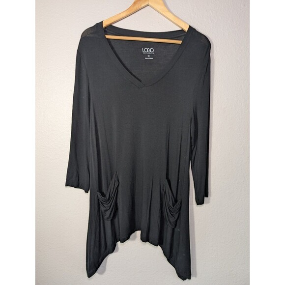 LOGO Lori Goldstein Women M Pullover Tunic Top Black Long Sleeves Pockets 127 - Picture 1 of 7